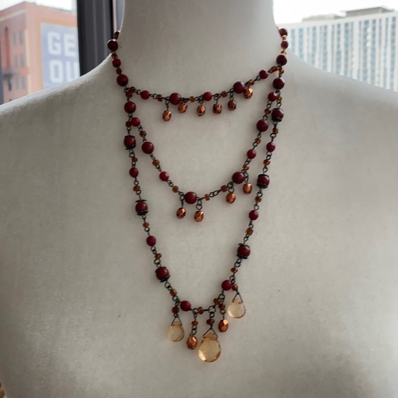 Red Tone Beaded Layered Necklce - Picture 1 of 2